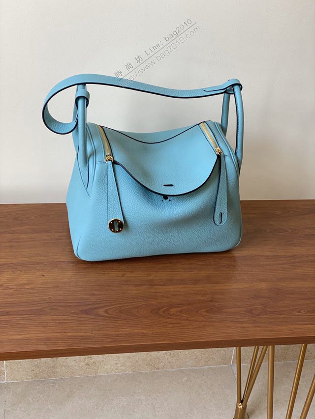 Hermes女包 愛馬仕lindy togo皮 金扣 銀扣 Hermes手提肩背包 瑪卡龍藍  am1952